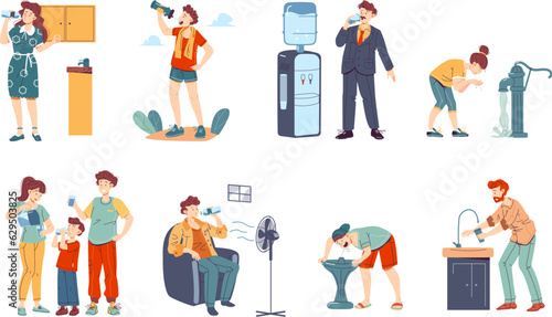 People water thirst. Man and woman with child drinking from bottle glass home filter or fountain, thirsty person eager father mom drink health drinks, garish vector illustration