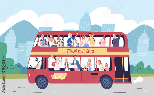 Tourists on bus excursion. Travel tourist group transfer, foreigner london trip or family sightseeing summer travelling city tour speaker landmark guide, classy vector illustration
