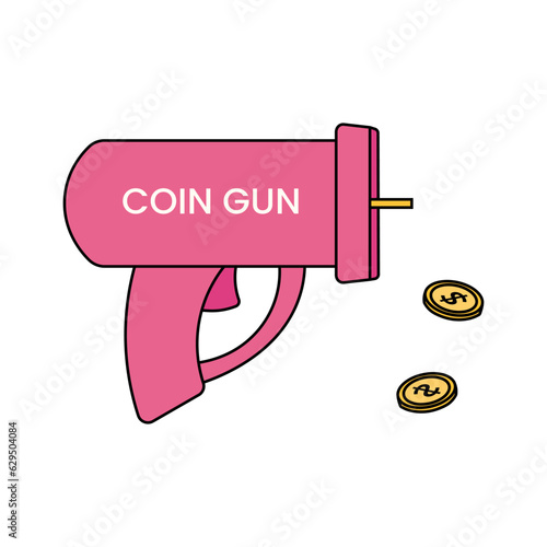 Pink toy gun shoots gold dollars. Vector illustration isolated on white background