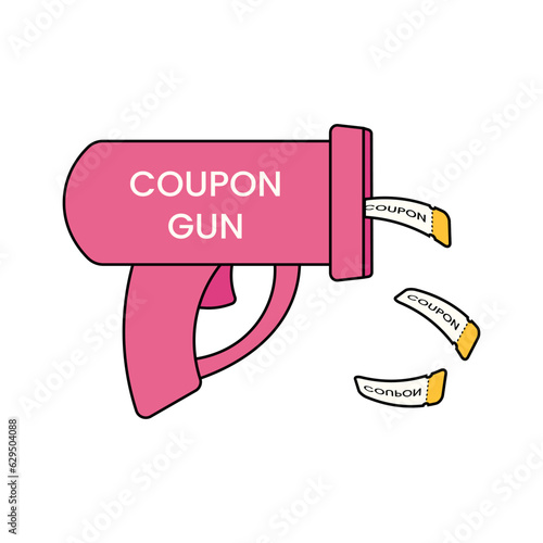 Pink toy gun shoots discount coupons. Vector illustration isolated on white background
