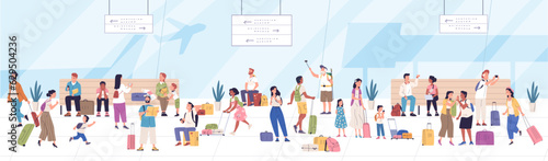People departure area. Tourists with luggage waiting for airplane flight in lounge room international airport interior, plane passengers journey trip, classy vector illustration