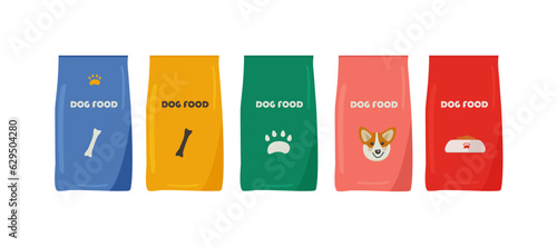 A set of dry dog ​​food in packages.
Blue, yellow, green, pink, red.
Snacks and treats, for pets, in packages.
The concept of a pet store, goods for animals. Vector illustration eps 10.
