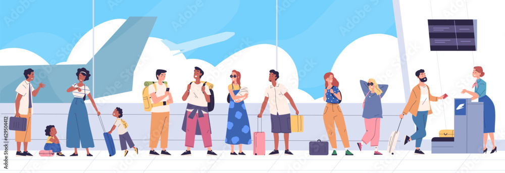 Obraz premium Airport queue. People tourists with luggage wait in line terminal airport or departure area, plane passenger on ticket checking gate flight registration, classy vector illustration