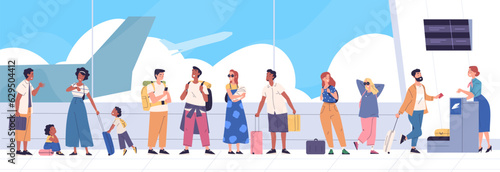 Airport queue. People tourists with luggage wait in line terminal airport or departure area, plane passenger on ticket checking gate flight registration, classy vector illustration
