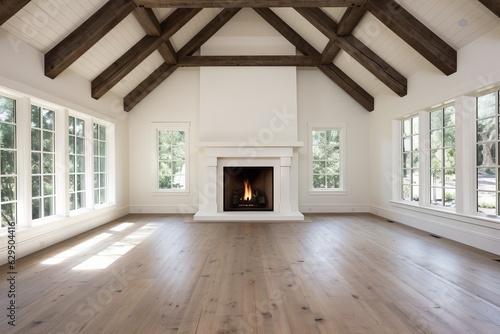 White room with wooden flooring and wooden ceiling, windows. Scandinavian interior design of modern living room.