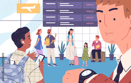 Canceled flights. Frustrated travelers looking flight schedule board of delay airplane departure information, tourists waiting