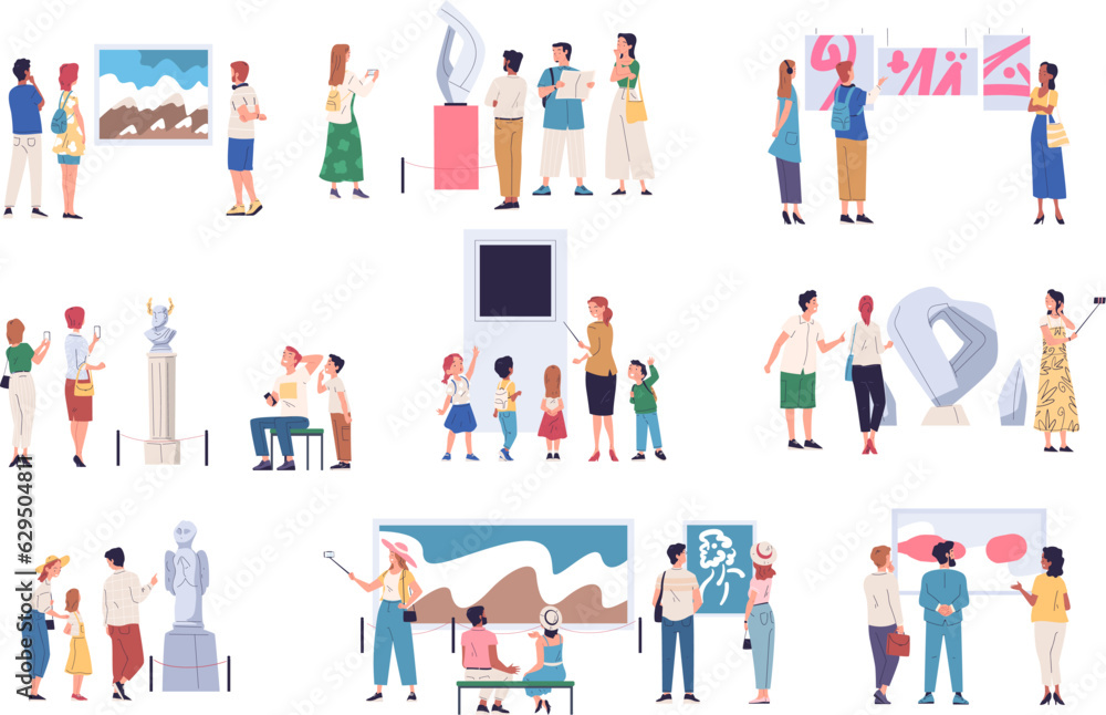 Exhibition visitors. People group looking paintings, showpiece and sculpture exposition in art gallery or museum exhibitions visitor contemplate artwork, classy vector illustration