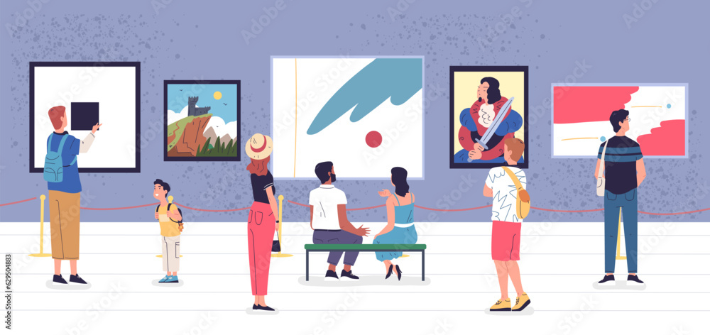 People enjoying paintings. Art gallery visitors group looking contemporary painting show, visitor sitting contemplating abstract artwork on museum wall, classy vector illustration People enjoying paintings. Art gallery visitors group looking contemporary painting show, visitor sitting contemplating abstract artwork on museum wall, classy vector illustration