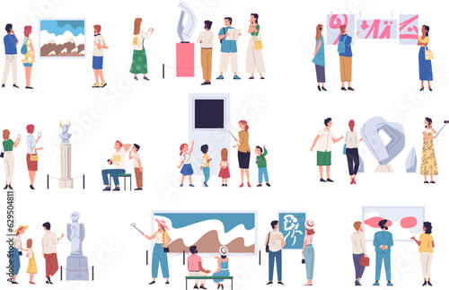 Exhibition visitors. People group looking paintings, showpiece and sculpture exposition in art gallery or museum exhibitions visitor contemplate artwork, classy vector illustration