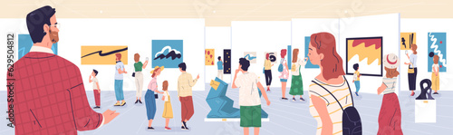 People at art gallery. Public exhibitions visitors group looking paintings and expositive exhibits inside museum or hermitage interior, cultural tourism classy vector illustration