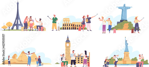 Tourists photo landmarks. People sightseeing, tourist with camera and backpack take picture city architecture, couple travellers selfie in egypt or rome, classy vector illustration