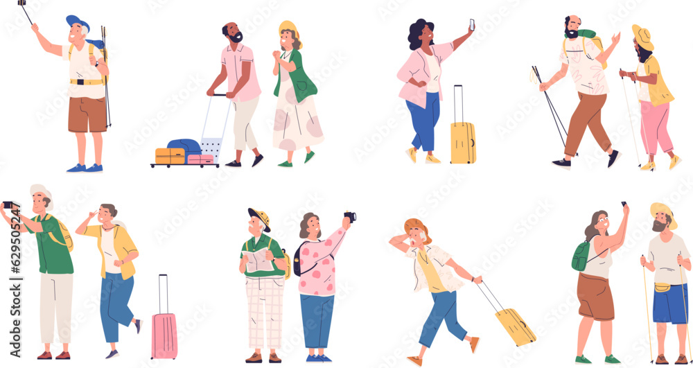 Elderly tourists. Seniors cuople travelers with suitcase in travel trip journey, older citizen people travelling on retirement vacation