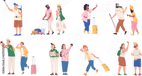 Elderly tourists. Seniors cuople travelers with suitcase in travel trip journey, older citizen people travelling on retirement vacation