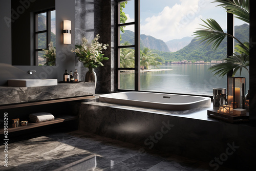 Modern bathtub on wooden floor of luxury hotel villa with ocean view  generative ai