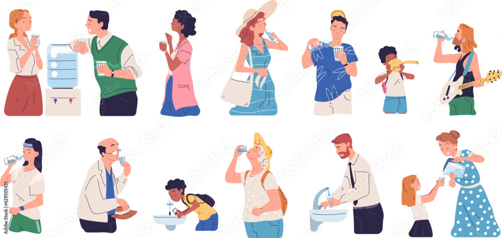 Thirsty people drinking. Cartoon men women drink lots refreshing water, thirst or dehydration concept, old young person consumption health drinks in hot classy vector illustration