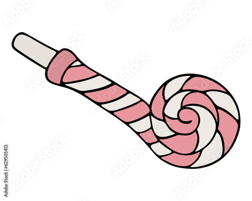 Tongue tongue. Plastic pink pipe with a long paper tongue. Spiral pattern. Color vector illustration. Isolated background. Cartoon style. Carnival tongue for a party. Idea for web design.