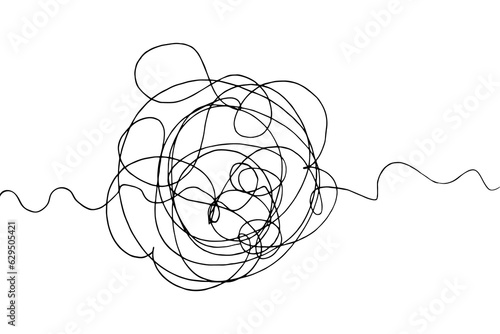 Doodles are tangled into a ball. Sketch. Wavy chaotic lines with a beginning and an end. Black and white vector illustration. Hand drawn hatching. A tangled tangle of squiggles. 