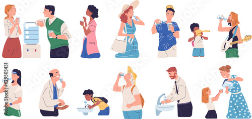 Thirsty people drinking. Cartoon men women drink lots refreshing water  thirst or dehydration concept  old young person consumption health drinks in hot classy vector illustration