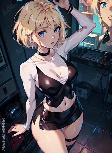 Illustration of a cute blushing girl with blonde short hair, colorful glowing eyes, black crop top, mini skirt. blurred background.