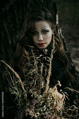 Portrait of a young woman in the Gothic gloomy image of a witch in the forest with a bouquet. Halloween costume. Vertical photo. Blur.