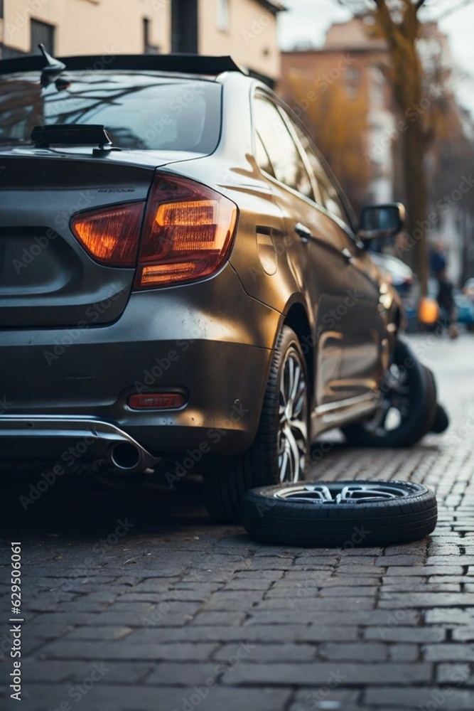 damaged car with front tire down at sunset in the street, generative AI damaged car with front tire down at sunset in the street, generative AI