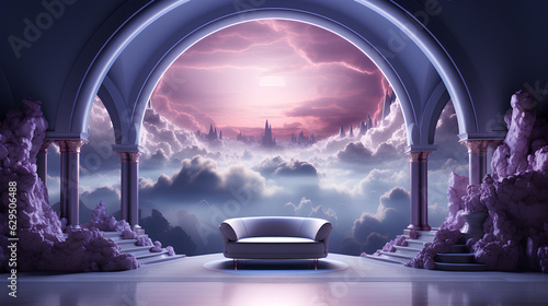 Sofa in the middle of the clouds. 3D rendering