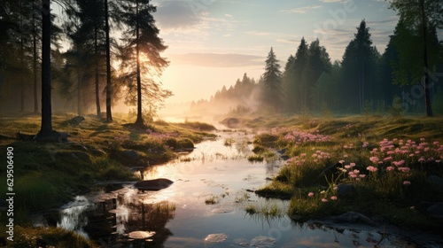 Beautiful summer morning dreamy Forest creek in warm sunlight natural panoramic countryside landscape Pastoral scenery. Selective focusing on foreground. Fog in the pond on a sunny morning.