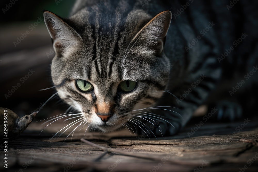 Close-up of a gray cute cat hunting prey.