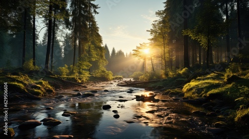 Beautiful summer morning dreamy Forest creek in warm sunlight natural panoramic countryside landscape Pastoral scenery. Selective focusing on foreground. Fog in the pond on a sunny morning. © ND STOCK