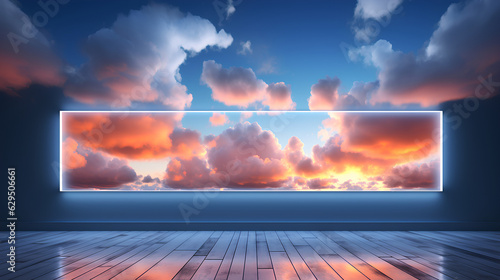 3D render of empty room with blue sky and white clouds background