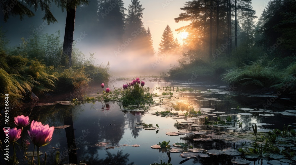 Beautiful summer morning dreamy Forest creek in warm sunlight natural panoramic countryside landscape Pastoral scenery. Selective focusing on foreground. Fog in the pond on a sunny morning. Beautiful summer morning dreamy Forest creek in warm sunlight natural panoramic countryside landscape Pastoral scenery. Selective focusing on foreground. Fog in the pond on a sunny morning.