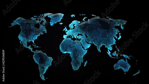 3d World map network connection glowing polygonal triangle neon lines on dark black background. World connection futuristic concept, website landing page template design. Generative AI