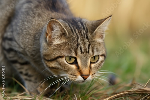 Charming tabby cat hunting in the garden on a warm summer day. © Iryna