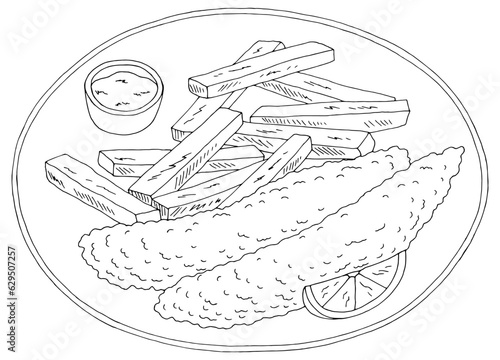Fish and chips food graphic black white sketch illustration vector