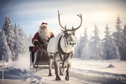 A sleigh with reindeer and a Santa Claus. Christmas celebration greeting card © Ployker
