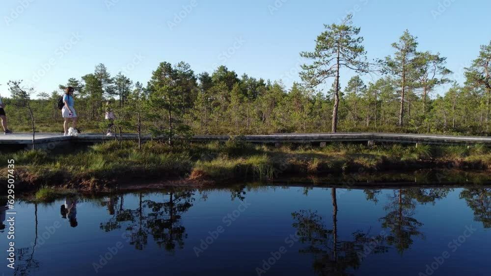 Happy family walking with dog in beautiful nature park with lake Happy family walking with dog in beautiful nature park with lake