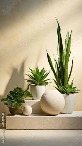 Stones and a plant on a beige background.. Background for product advertising  cosmetics. Generative AI.