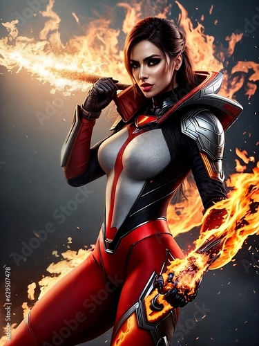 A Super Heroin Woman With The Fire in Hand flaxing - Illustration 