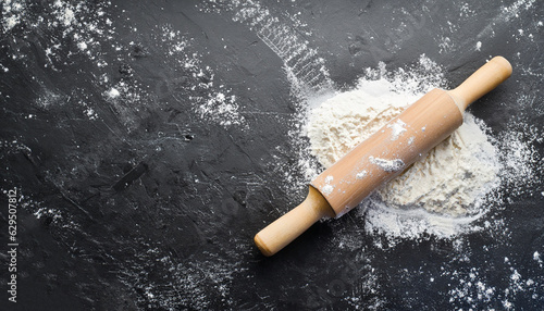 Rolling pin and white flour on a dark background. Free space for text . Top view.