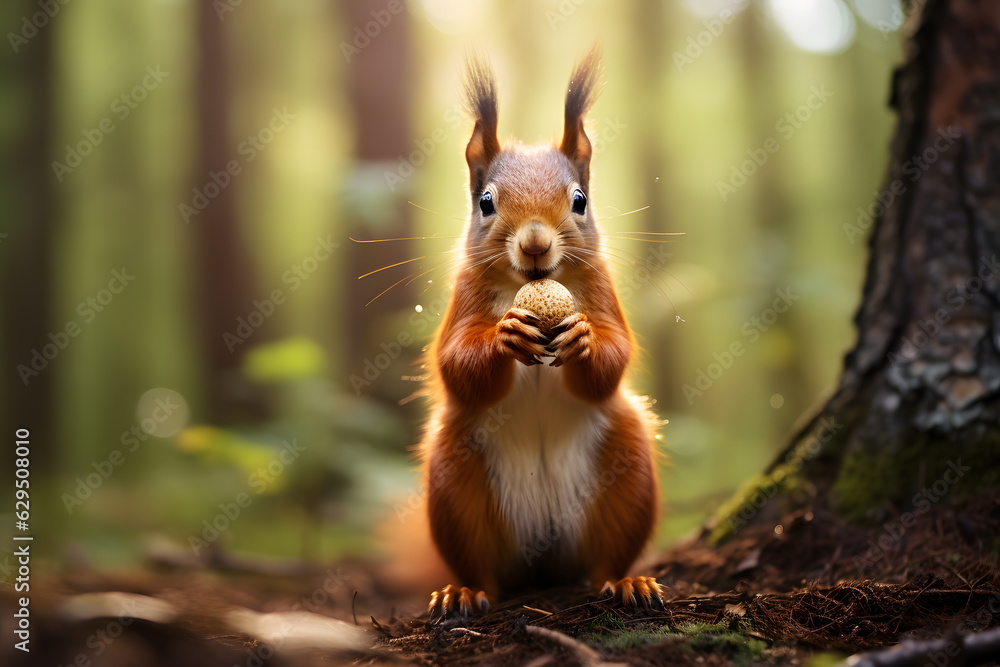 Obraz premium A squirrel holding a nut. Animals in the autumn forest. Wildlife background
