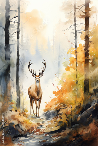 watercolor art of a deer in beautiful autumnal forest. generative ai. © Joose