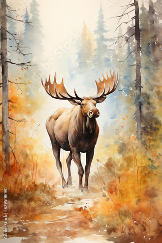 watercolor painting of moose in autumnal forest scenery. generative ai. © Joose