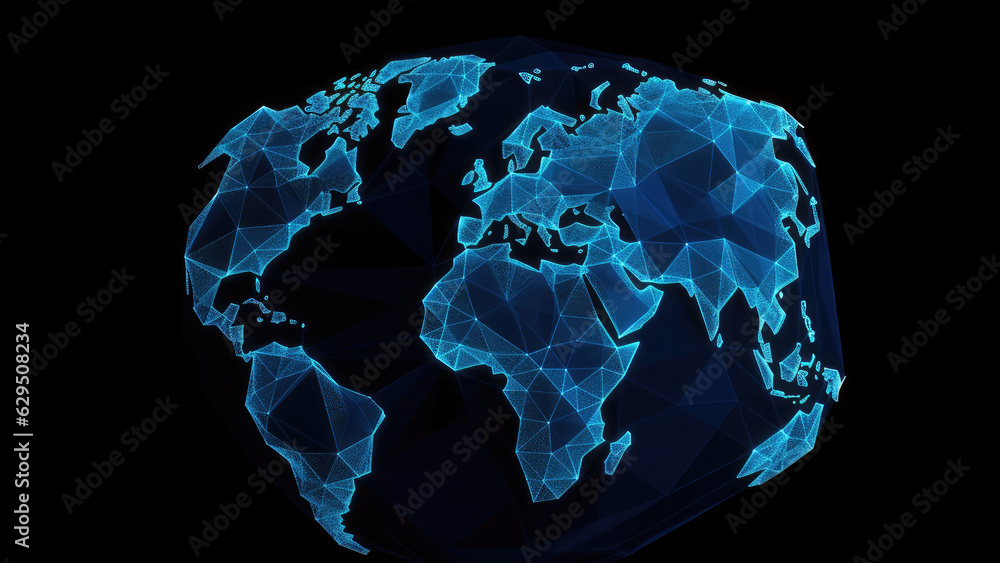 3d World map network connection glowing polygonal triangle neon lines ...