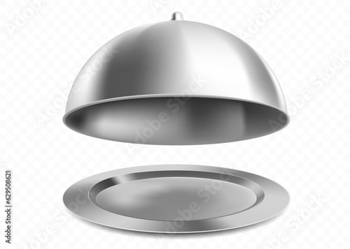 Metal tray with a cloche. Restaurant dish. Template isolated on transparent background. vector mockup