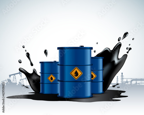 Barrels with crude oil on the background of oil splashes of oil pumps. Vector illustration
