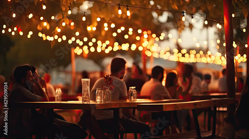 Bokeh background of street bar beer restaurant, outdoor. People sit chill out and hang out dinner and listen to music together in avenue. Happy life. Generative Ai © Nakron