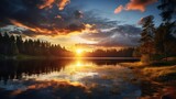 Beautiful sunset over a lake with small waves. A forest of pine and spruce trees line the lake,sunrise over the lake, beautiful spring season wallpapers and textures and spring background