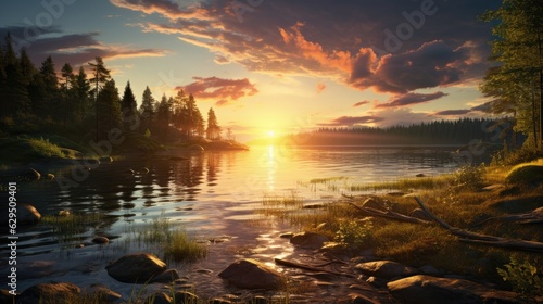 Beautiful sunset over a lake with small waves. A forest of pine and spruce trees line the lake,sunrise over the lake, beautiful spring season wallpapers and textures and spring background