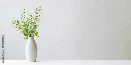 Product Showcase. Interior Design Inspiration Table with Green Plant and white Vase on a Table in house
