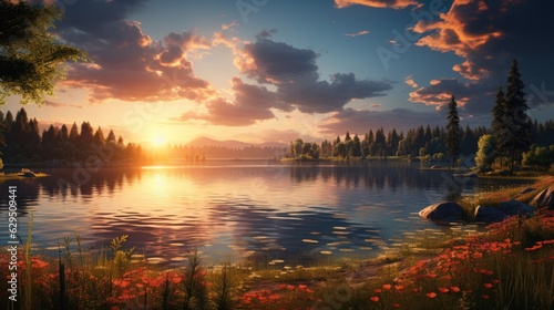 Beautiful sunset over a lake with small waves. A forest of pine and spruce trees line the lake,sunrise over the lake, beautiful spring season wallpapers and textures and spring background